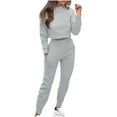 thumbnail image 2 of Women's Casual Outfit Sets Office Wear Autumn Solid Color Casual Pullover Round Neck Long Sleeved Hooded Sweatshirt Long Pants Set, 2 of 6
