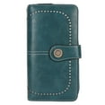 thumbnail image 2 of Cartera de piel con bloqueo RFID para mujer, gran capacidad, doble cierre a presión y correa de muñeca extraíble, color azul pavo real, 2 of 14