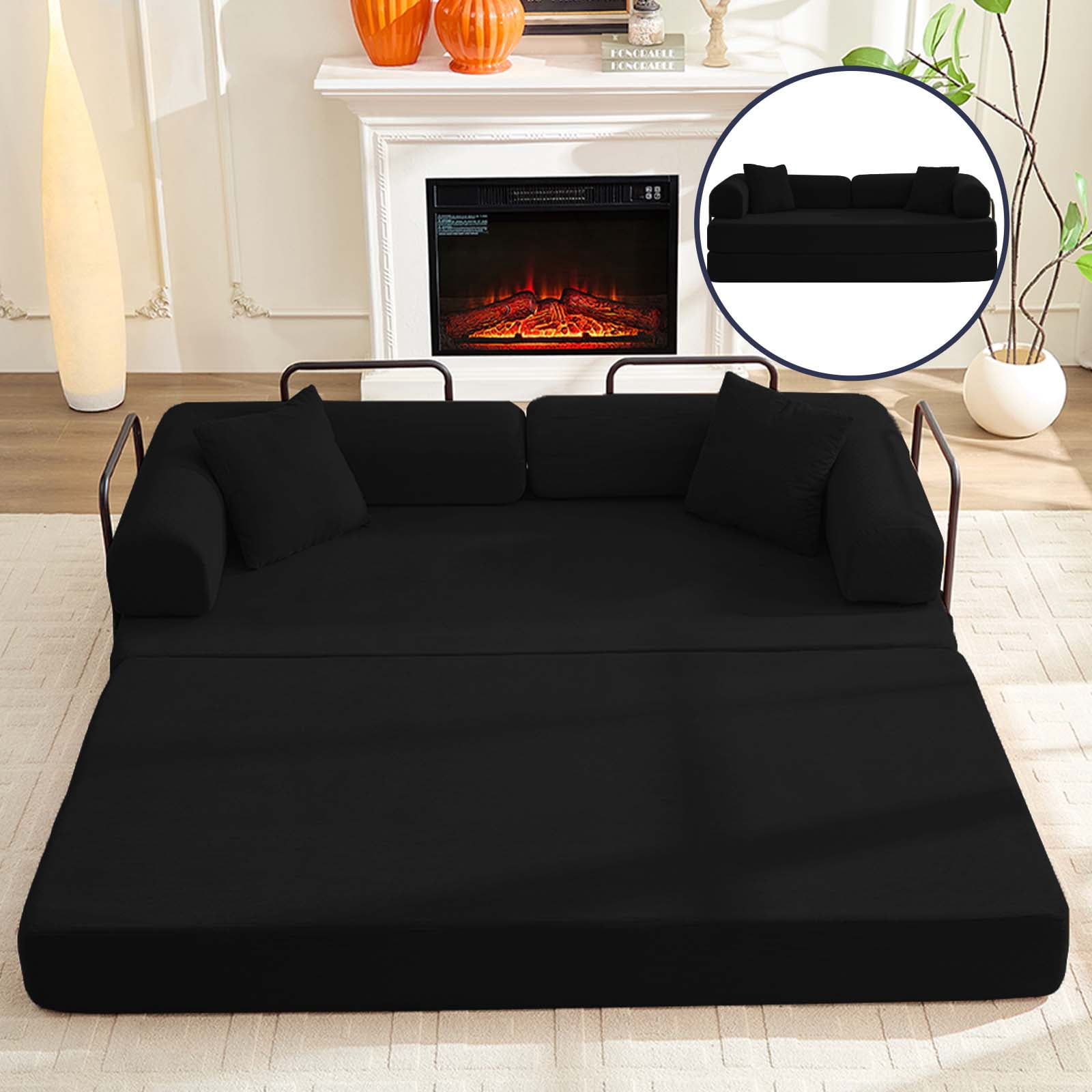 ZAFLY Folding Sofa Bed | Convertible Futon Sleeper Couch | Modern Floor Mattress | Corduroy Sofas and Couches for Living Room - Black