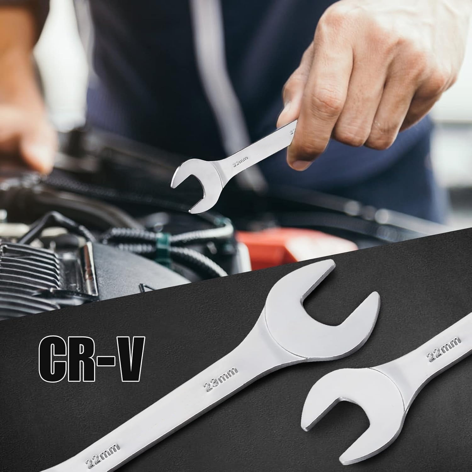 Super-Thin Open End Wrench Set, 18-Piece SAE & Metric 1/4" to 1-1/16" and 5.5mm to 27mm Chrome Vanadium Steel Wrench Set with Rolling Pouch