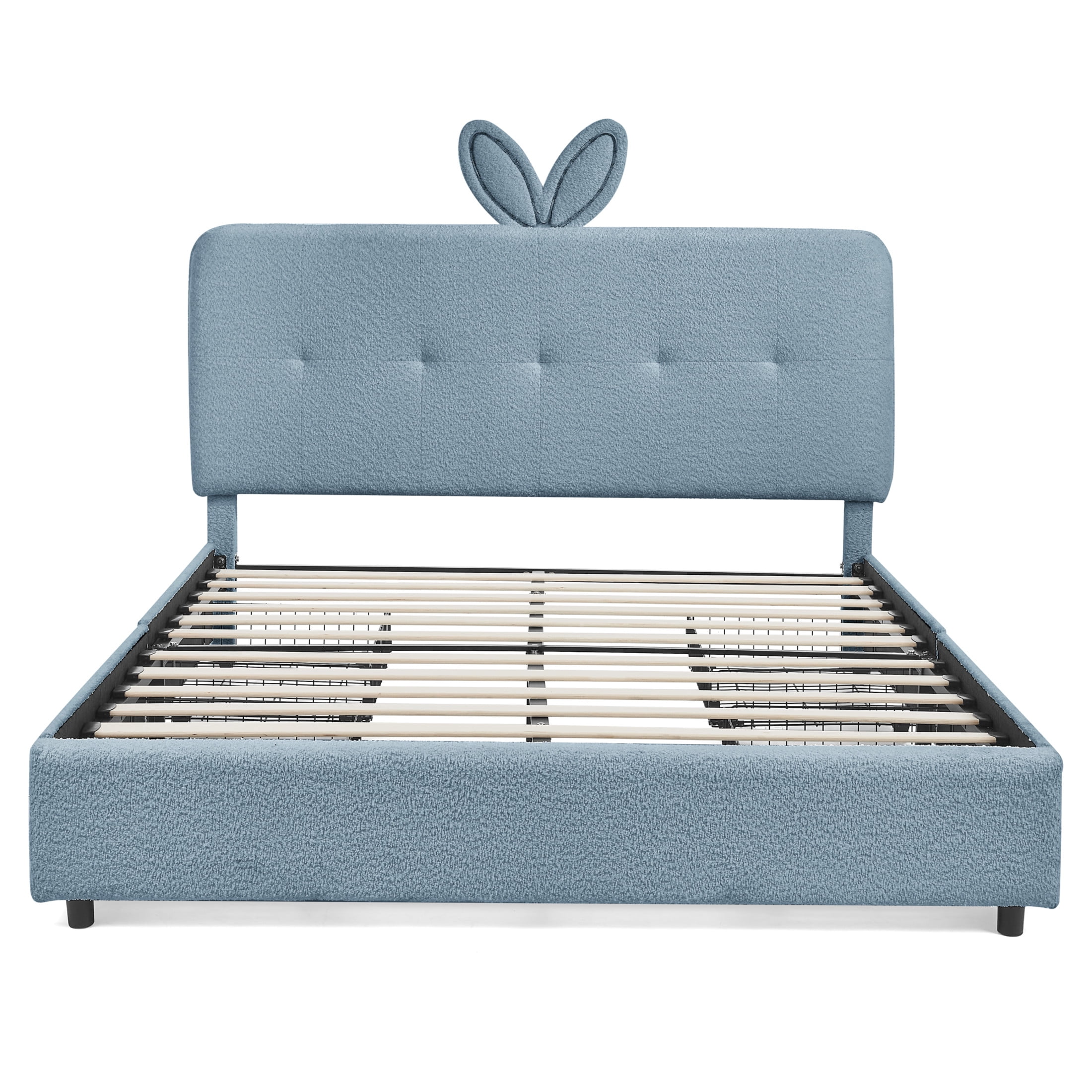 Noble House Bertis Full Size Boucle Kids Bed, Rabbit Ear Headboard Bed Frame with LED Light and Storage Drawers, Navy