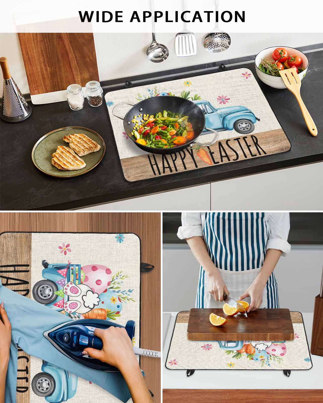 Large Induction Cooktop Protector Mat Easter Stove Top Covers for Electric Stove, Blue Truck Eggs Bunny Vintage Art Decorative Stove Burner Cover Mats, Glass Top Stove Cover