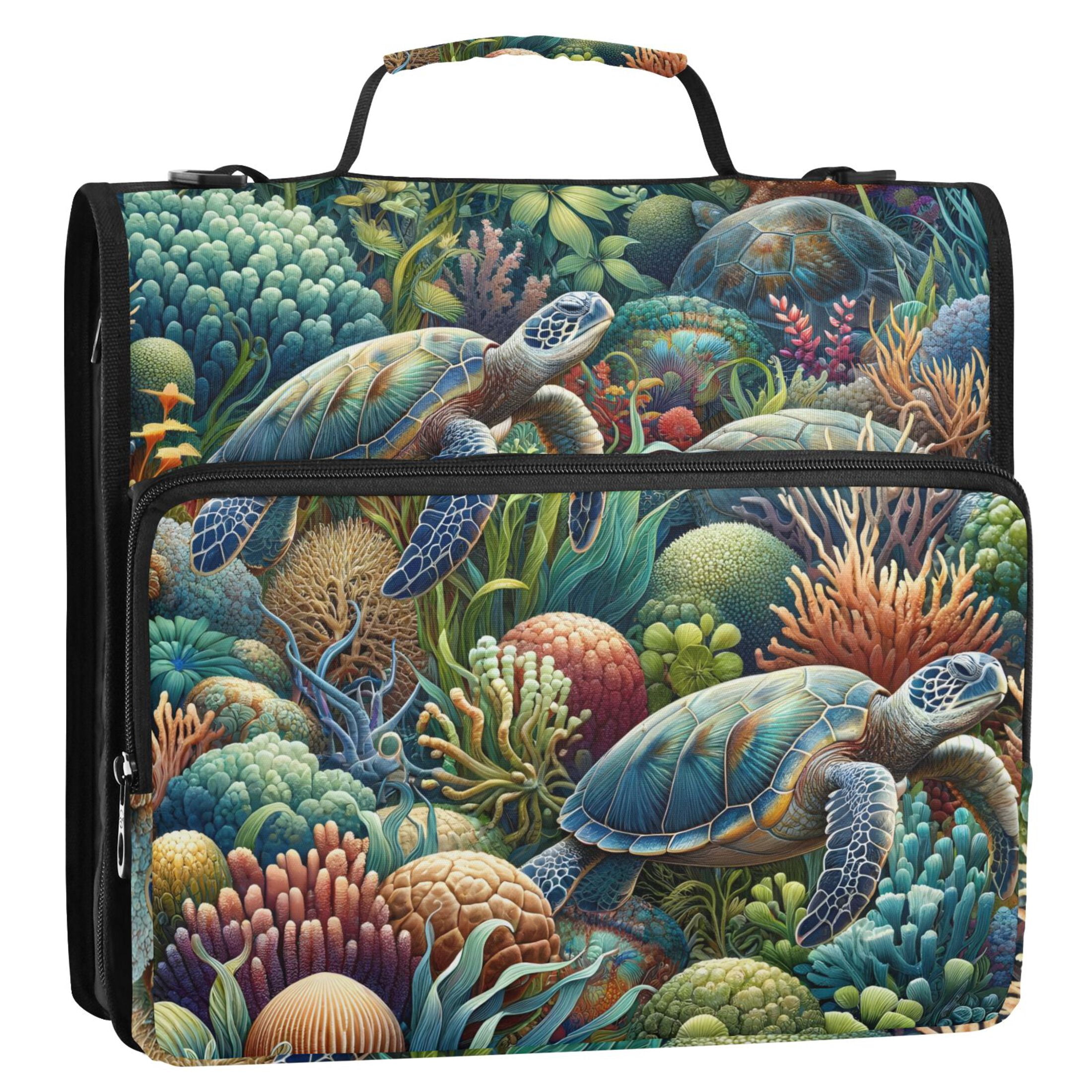 3 Ring Zipper Binder with Shoulder Strap Waterproof Trapper Keeper 2 Inch D-Ring 500 Sheets Capacity Turtle Plants Coral