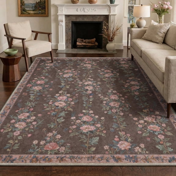 GENIMO 8'x10' Rug for Living Room, Large Machine Washable Non Slip Low Pile Area Rug for Bedroom Dining Room, Vintage Floral, Dusty Brown