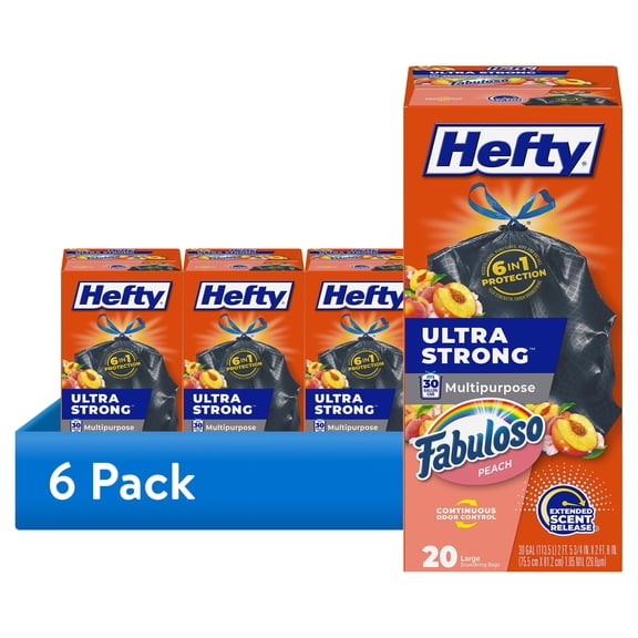 (6 pack) Hefty Ultra Strong 30 Gallon Trash Bags, Black Large Trash Bags, Fabuloso Peach Scent, 20 Bags