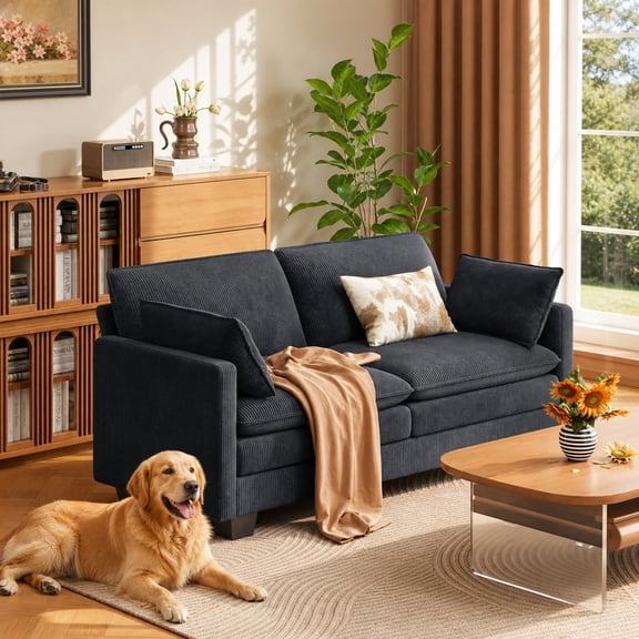 75" Cloud Style 2-Seater Loveseat – Ergonomic Deep Seat Corduroy Sofa with Detachable Pillows, Small Space Couch for Living Room or Bedroom, Dark Gray