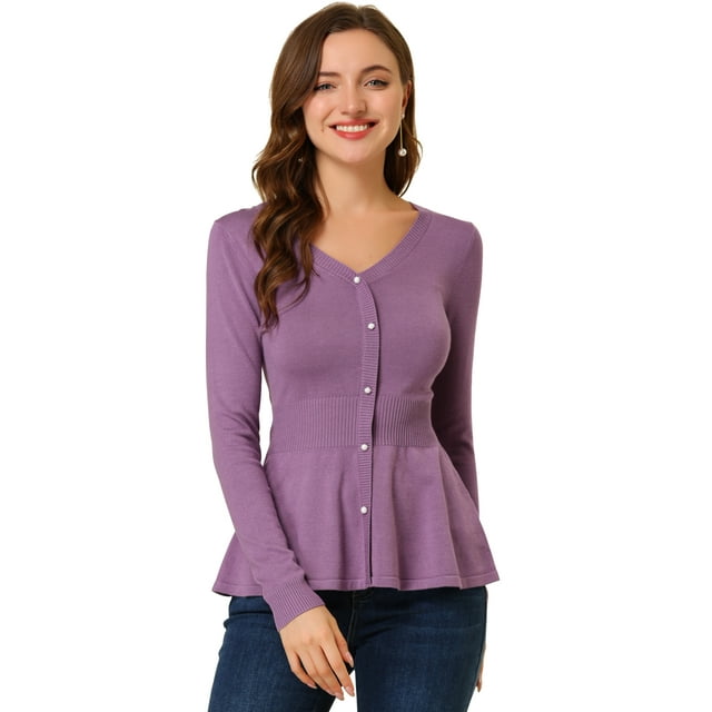 Top De Peplum De Punto Jersey Acanalado De Manga Larga Con Cuello En V Para Mujer Púrpura S Allegra K