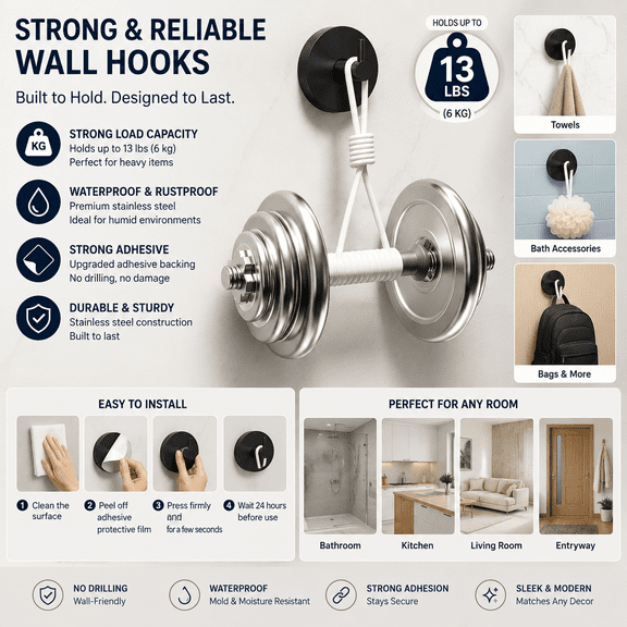 4 Pack Black Suction Cup Hooks for Shower, No Drill Bathroom Towel Hooks, Waterproof Rustproof Stainless Steel Shower Hooks for Glass Shower Door, Tile, Mirror, Hanging Towels, Robes, Loofahs & Bath