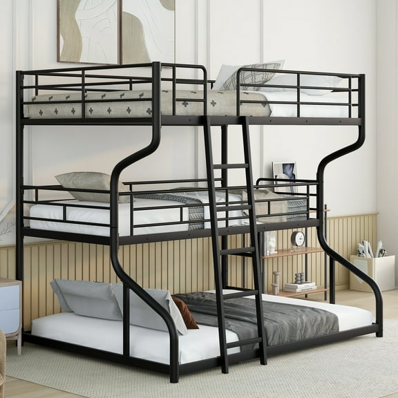 Euroco Solid Metal Bed, Full XL over Twin XL over Queen Size Triple Bunk Bed, Three Beds in One, Black