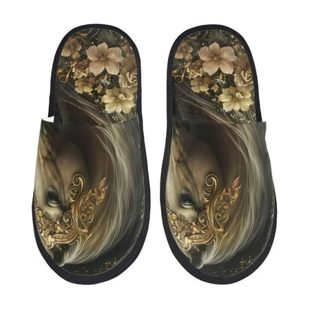 Balery Palatial Gold Pattern Horse Slient Indoor Furry Fleece Comfort House Shoes Soft Non-Slip Home Shoes Cotton slippers House Slippers-- Medium