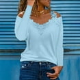 thumbnail image 2 of XFLWAM Women's Casual Cold Shoulder Tops V-Neck Lace Hollowed Out Long Sleeve Shirts Loose Comfy Tees Blue S, 2 of 6