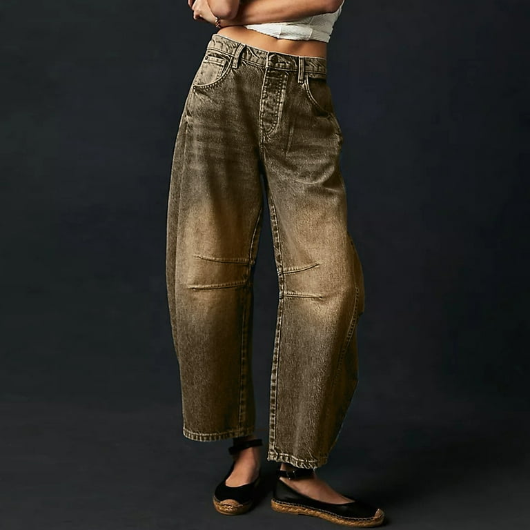 【BAON】Meldit Brown Washing Wide Denim Pants GYUJNB Barrel Jeans Women Mid Rise Barrel Leg Pants, Wide