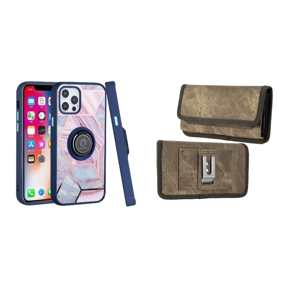 Bemz Ring Series Case for iPhone 14 (TPU Silicone Cover with Magnetic Stand) and Rugged Denim Nylon Belt Holster Pouch (Blue on Pink Marble/Tan Brown)
