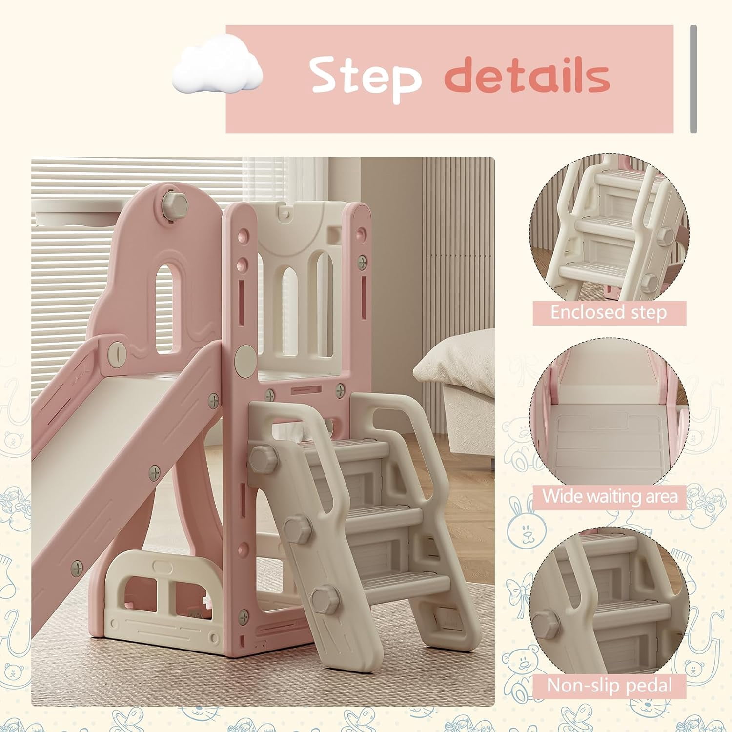 Pink Toddler Slide,Kids Climber Slide with Storage Space Indoor Outdoor Playset with Basketball Hoopa and Telescope,Slide for Toddlers Age 1-3