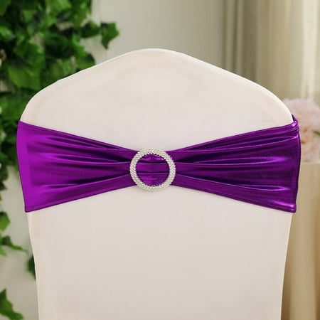 

5 Pack Metallic Purple Spandex Chair Sashes With Attached Round Diamond Buckles