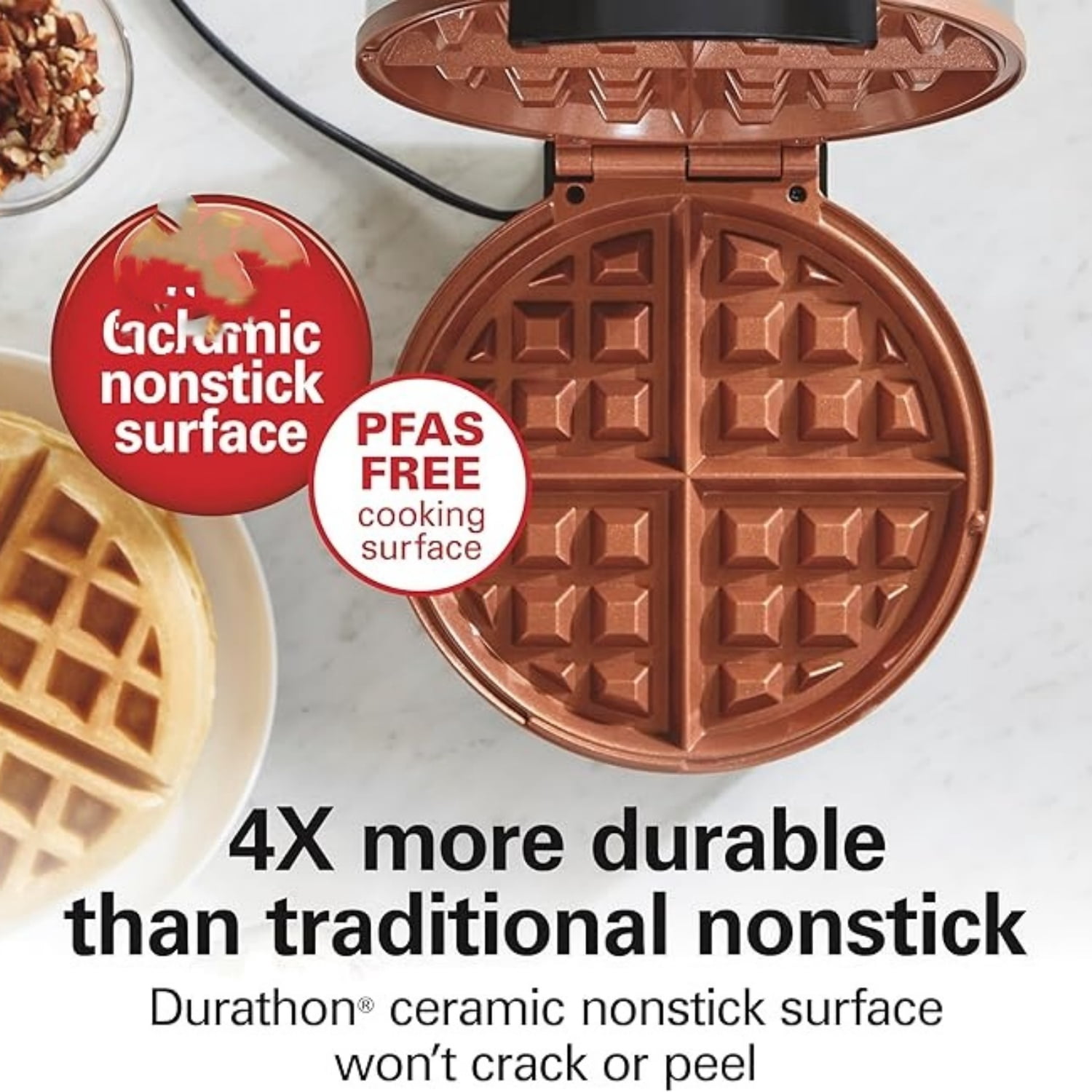 Belgian Waffle Maker with PFAS-Free Non-Stick Ceramic-Coated Plates, Browning Control, Indicator Lights, Stainless Steel