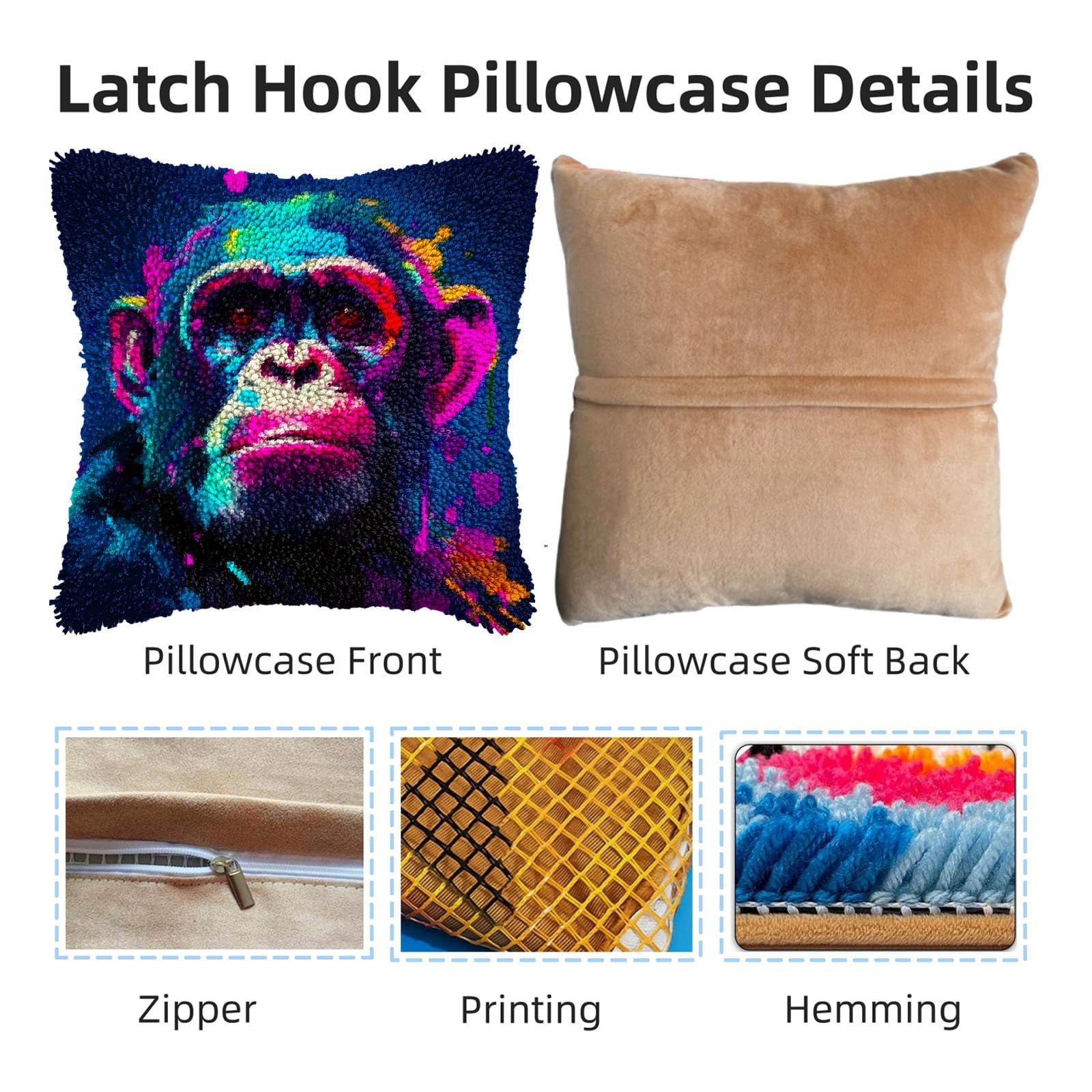 Colorful Cute Monkey DIY Latch Hook Pillow Kits for Adults Printed Pillowcase Crochet Yarns Hooking Handmade Pillow Cover Cushion for Home Sofa Decoration 17x17inch