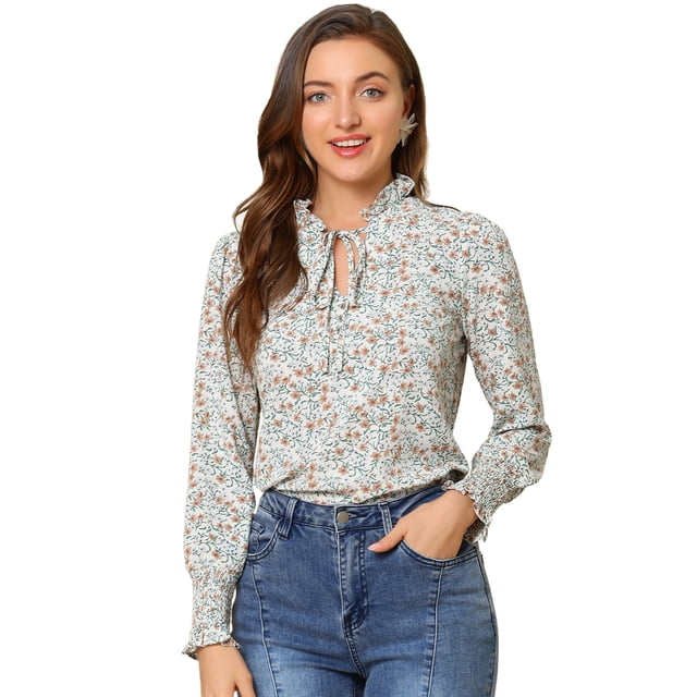 INSPIRE CHIC Women's Vintage Floral Ruffle Tie Neck Button Decor Elastic Cuff Chiffon Blouse