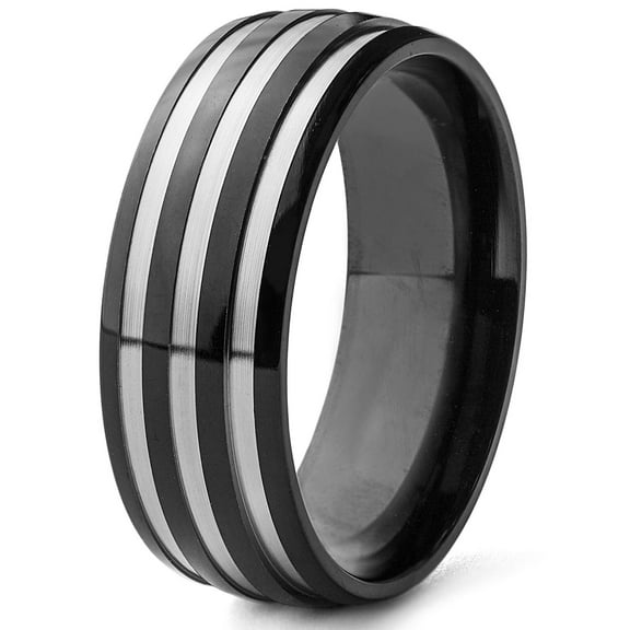 West Coast Jewelry Men's Dual Finish Striped Black Plated Titanium Ring (8mm)