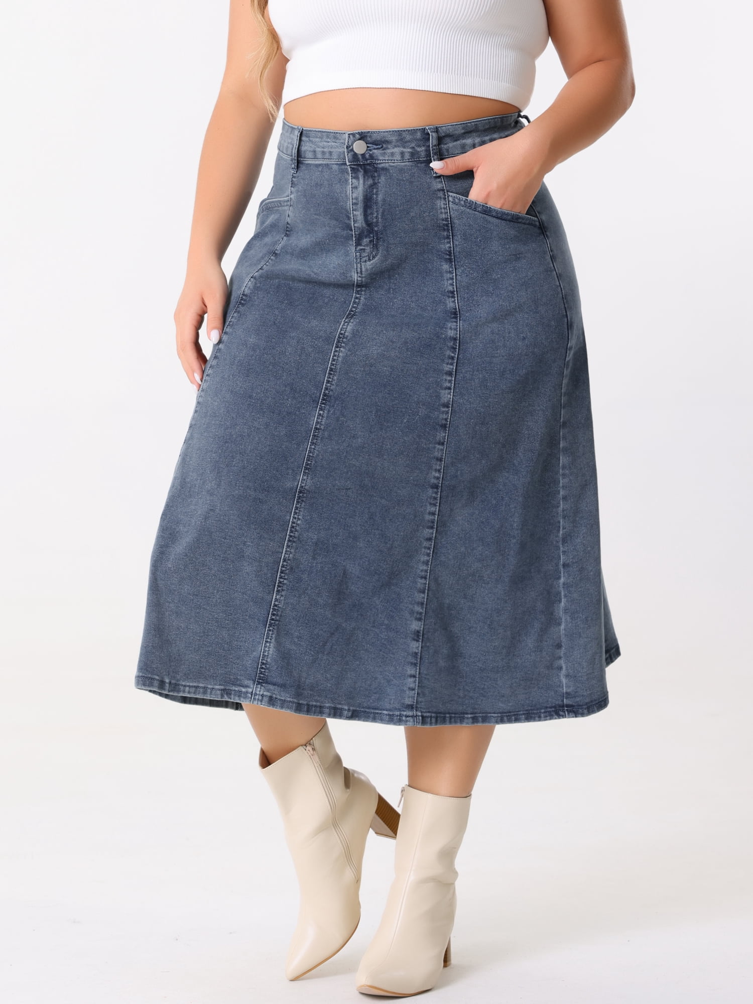 DARING DIVA Women's Plus Denim Skirts with Pockets A-Line Midi Jean Skirt 3X Grey Blue