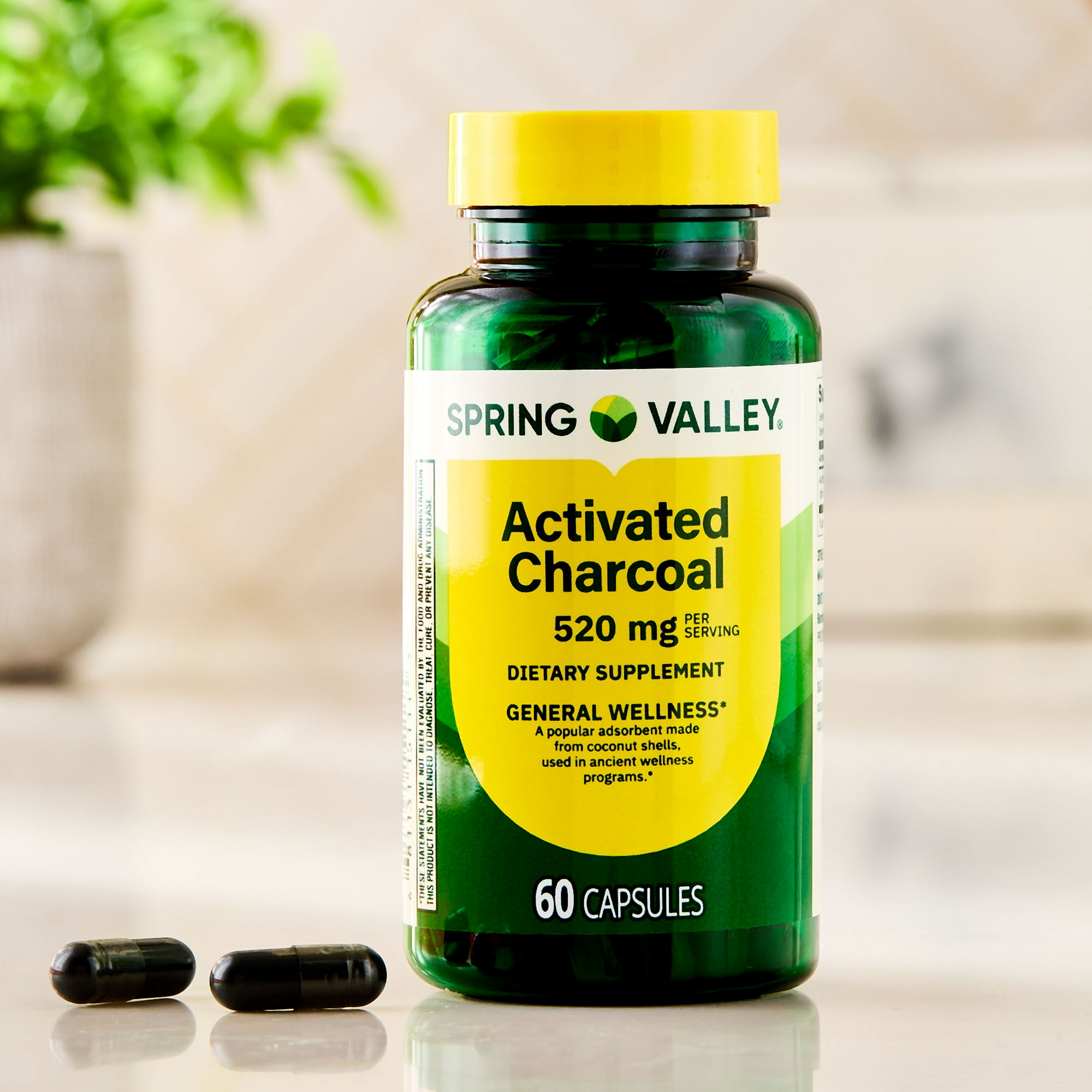 Spring Valley Activated Charcoal Dietary Supplement Capsules for General Wellness, 520 mg, 60 Count