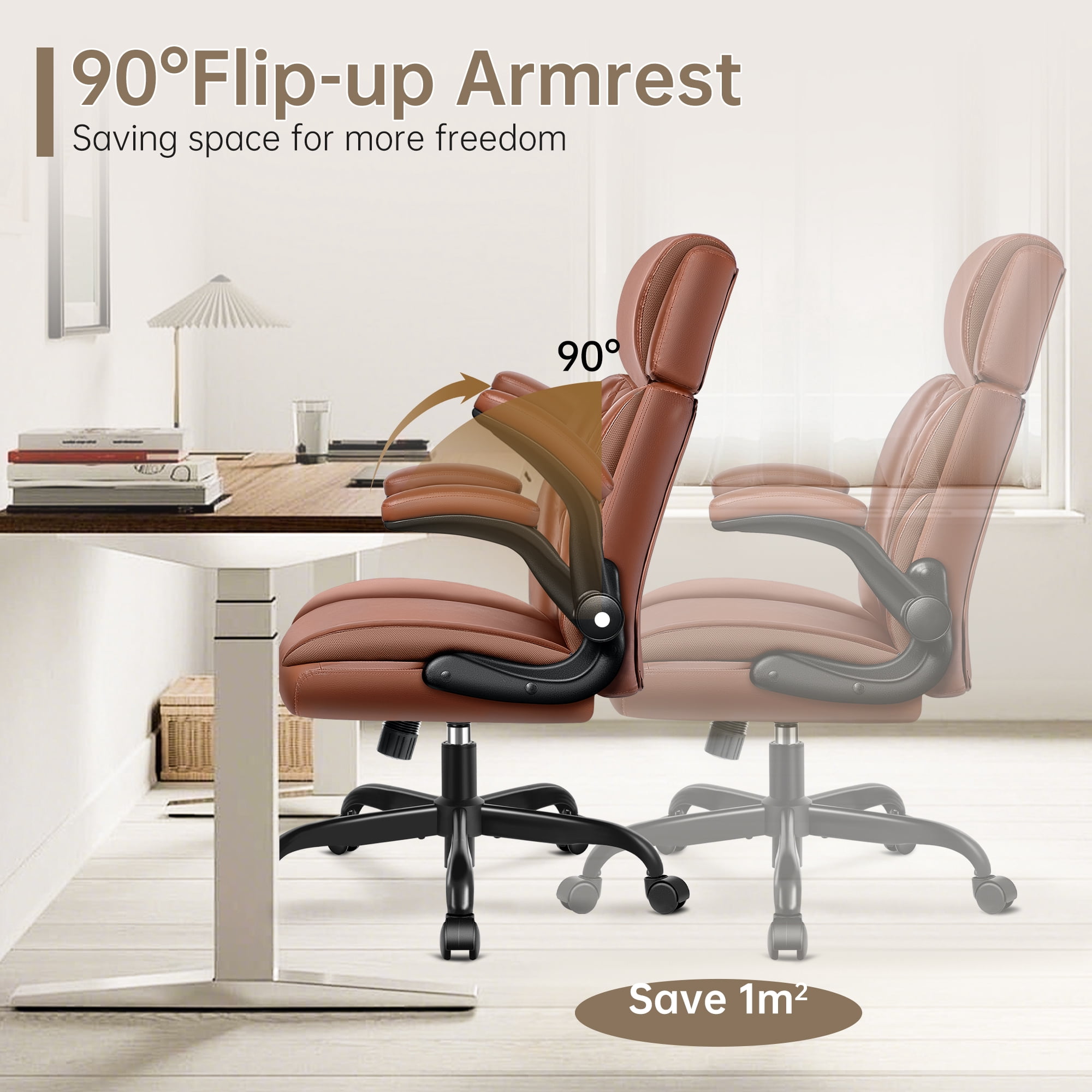 FASTES Leather Office Chair, Executive Desk Chair with Flip Up Arms, Ergonomic Computer Desk Chairs Home Office Chair with Adjustable Headrest and Rocking Function, Brown