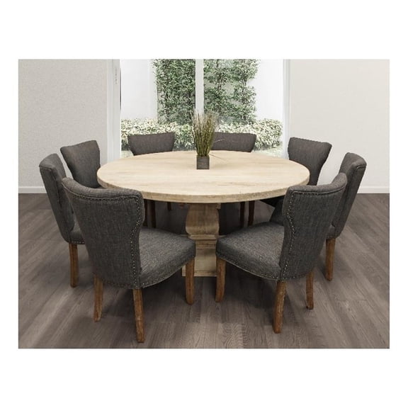 Benedict 9-piece Dining Set -70" Round Table in White & 8 Dark Gray Linen Chairs