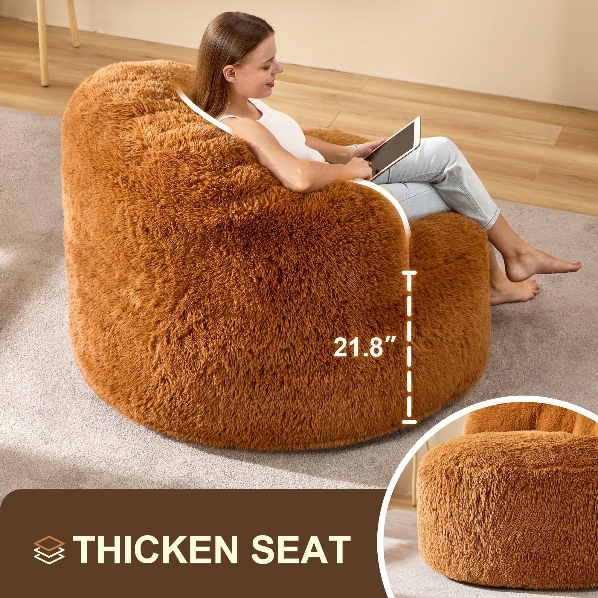 Hobestluk Giant Bean Bag Chairs for Adults Big Bean Bag Chair with Foam Filler Large Beanbags with Stuffed Back Lazy Sofa, Caramel-Oversize