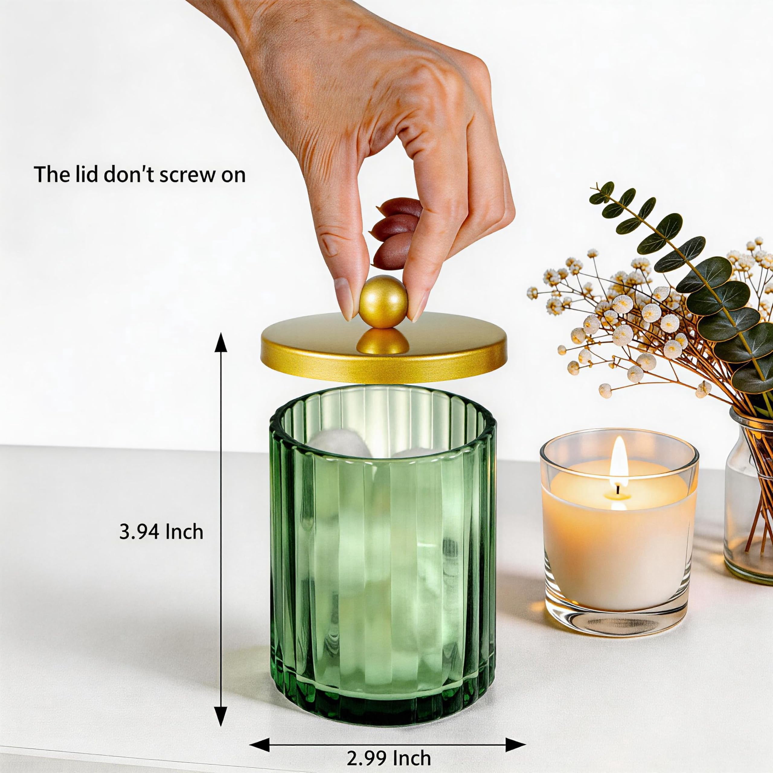 Sage Green Glass Apothecary Jar, Qtip Holder Dispenser for Cotton Swabs, Balls, Makeup Pads, Floss Picks, Bathroom Essential Accessories, Countertop Canister Storage Organizer (Black, 2 Pack)