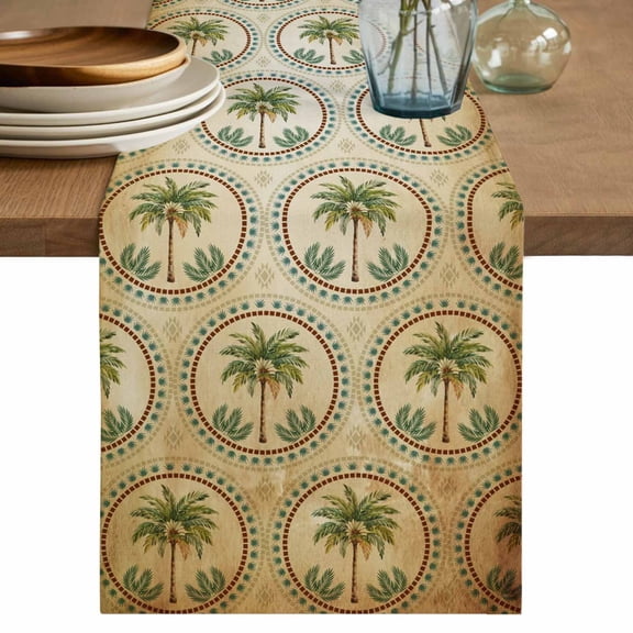 Vintage Palm Trees Table Runner, Summer Botanical Retro Watercolor Washable Cotton Linen Table Runners 120 Inches Long, Dresser Scarf Runner for Dining/Living Room/Kitchen/Square Tables 13''x120''