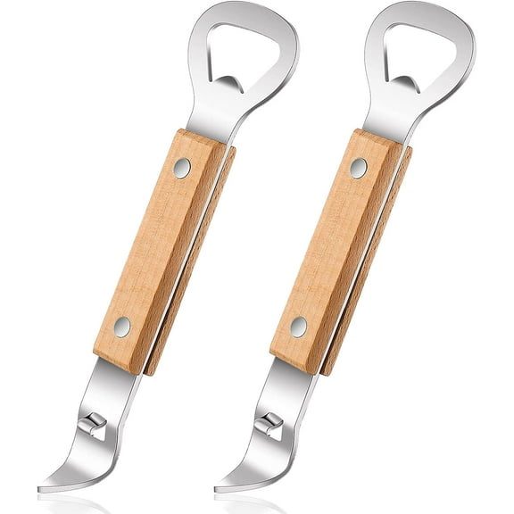 Lsupdaol 2 Pieces Magnetic Bottle and Can Openers with Wood Handle, Magnet Stainless Steel Can Punch Tappers for Beers Beverages, Suitable for Camping and Traveling
