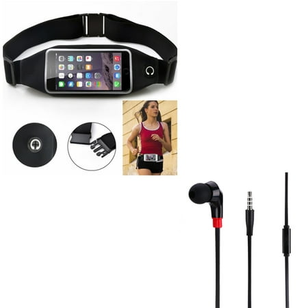 Black Sports Running Workout Waist Bag Belt Case w Flat Wired Headset MONO Handsfree Earphone Mic A6P for HTC Desire 612 555 530 526 516 512 510 - Huawei SnapTo, Pronto, Raven, P9 P10 (Best 6 1 2 Speakers)
