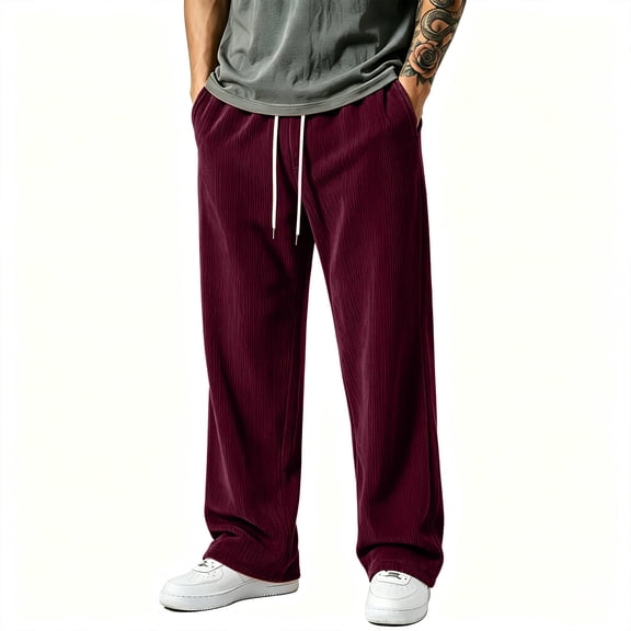 Men's Corduroy Wide Leg Pants Waist Drawstring Baggy Loose Fit Casual Trousers Streetwear Fall Winter Pants Wine M