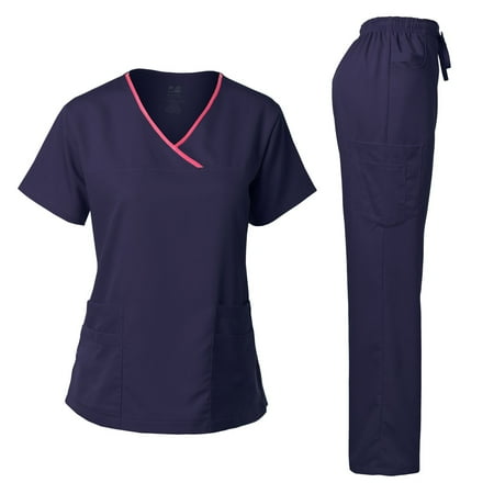 

Dagacci Medical Uniform Women s Scrub Set Stretch Contrast Binding Top and Pants (Navy X-Small)