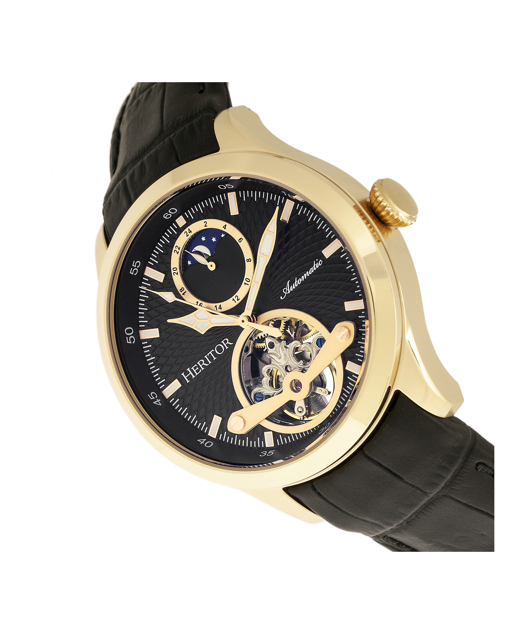 Heritor Automatic Gregory Semi Skeleton Leather Band Watch Silver Black Walmart