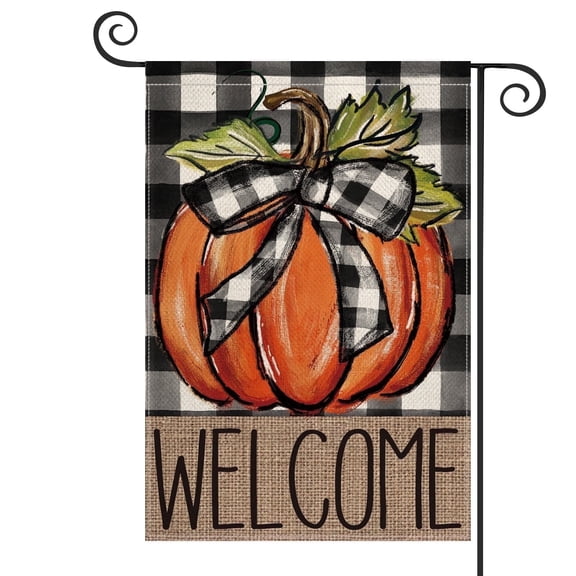 Sm:)e Buffalo Check Plaid Fall Pumpkin Welcome Garden Flag Double Sided 12 x 18 Inch Yard Outdoor Decoration