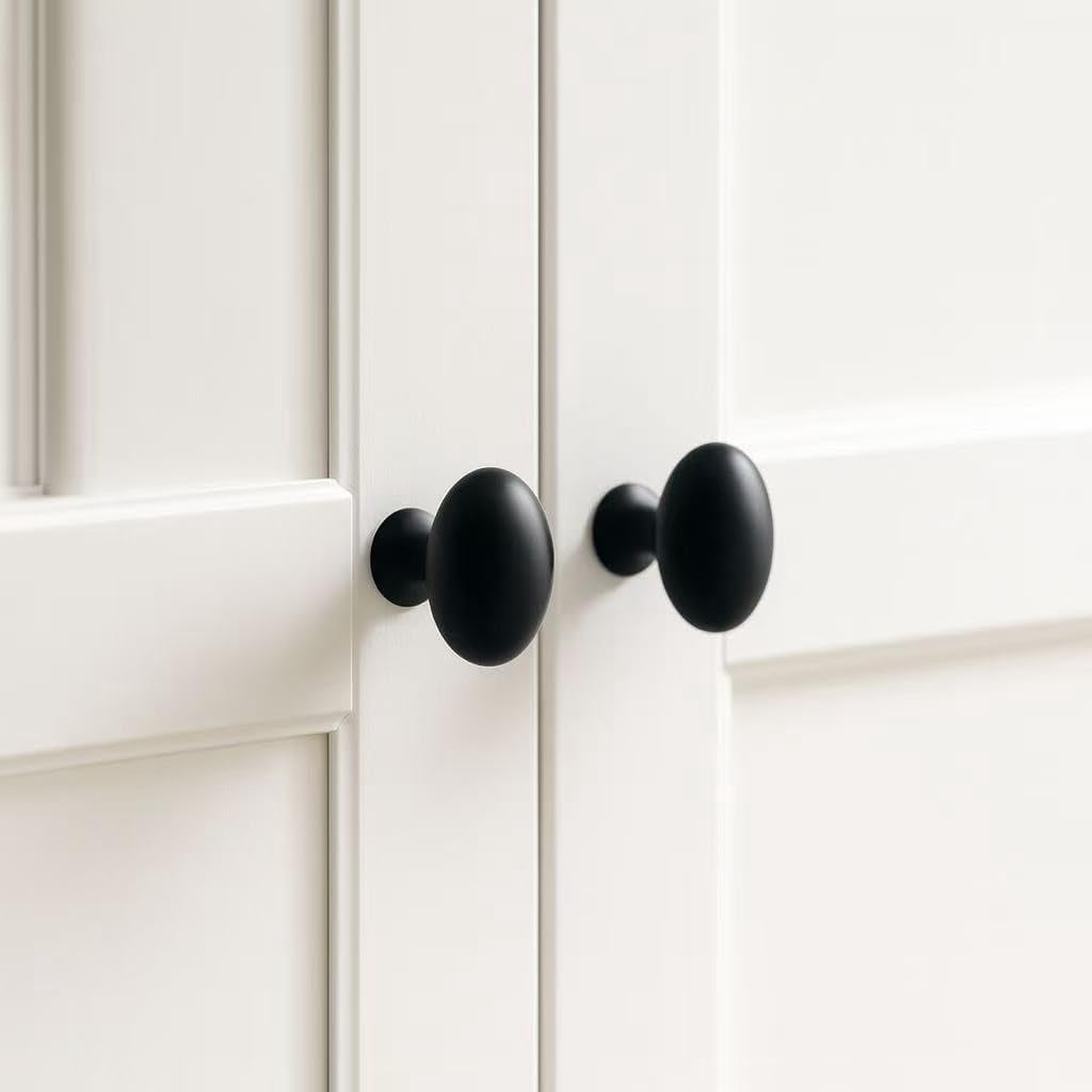ABCISI 10 Pack Oval Cabinet Knobs, Furniture Cupboard Pulls, Modern Single Hole Hardware for Kitchen Cabinet, Dresser, Wardrobe Drawer, Matte Black