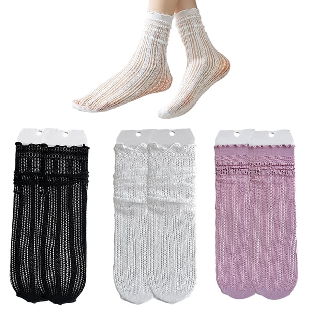 3 pares de calcetines de moda sólidos ahuecados para mujer, calcetines largos suaves y bonitos para mujer, calcetines finos de malla con rayas Jk, calcetines de malla con encaje en la