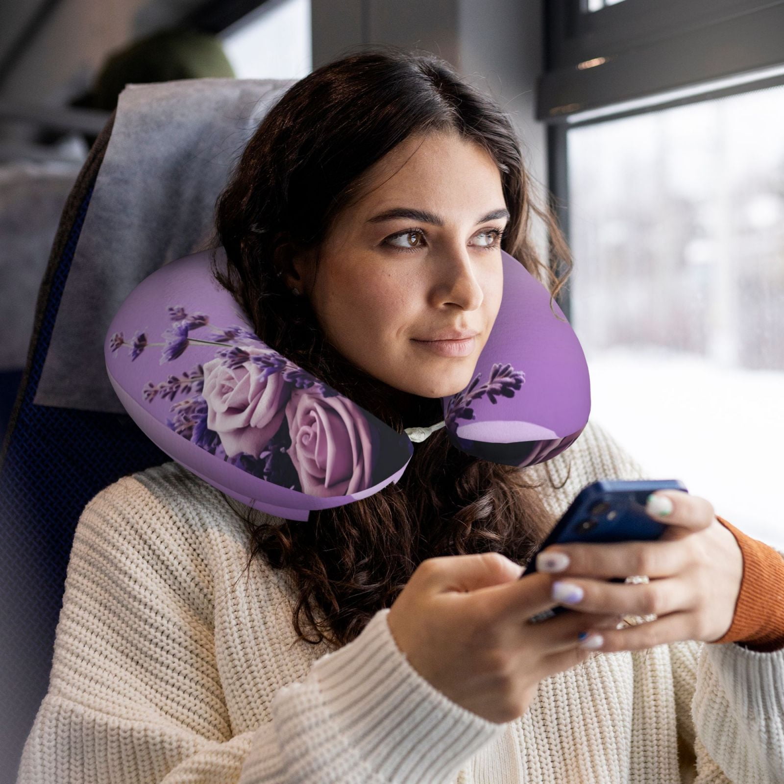 Xecao Lavender Roses Arrangement Print Memory Foam Cervical Neck Pillow Versatile U-Shaped Pillows for Home,Office,Camping,Travelling,Soft Washable Cover