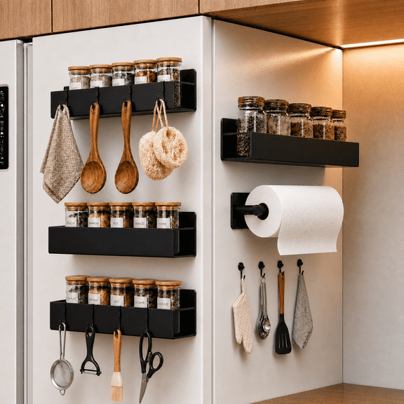Modern Madame Magnetic Spice Rack for Refrigerator, 5-Piece Set, Black