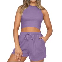 Virmaxy Womens Stylish Outfit 2 Piece Set Fashion Shorts Two Piece Solid Color Sleeveless Casual Set Fashion Shorts Two-Piece Solid Color Sleeveless Casual Suit Purple M