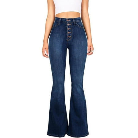 Women Vintage High Waisted Flared Bell Bottom Jeans Trendy Denim Pants (Best Trouser Jeans Womens)