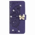 thumbnail image 3 of ELEHOLD for Samsung Galaxy Z Fold5 Wallet Case,Bling Diamond Butterfly Embossed Pattern Leather Wallet Cover Shockproof Magnetic Clasp Card Slots Kickstand Wriststrap Case for Women Girls,Purple, 3 of 14