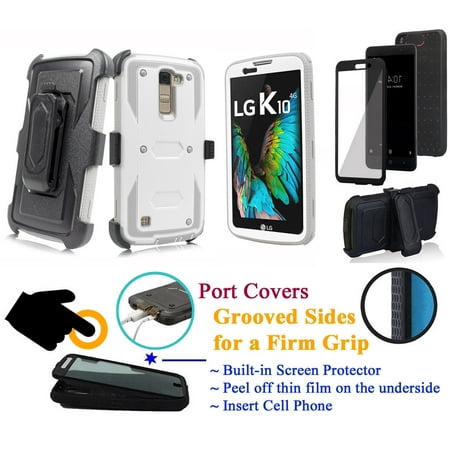 for 5.3" LG K10 2016 Premier LTE Case Phone Case 360° Cover Screen Protector Clip Holster Kick stand Armor Layers Grip Sides Shock Bumper White Silver