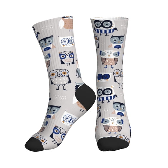 Crew Socks for Women Men Athletic - Quirky Doodle Owl Grey Soft Comfort Breathable Mid-Calf Sole Running Socks Womens Men