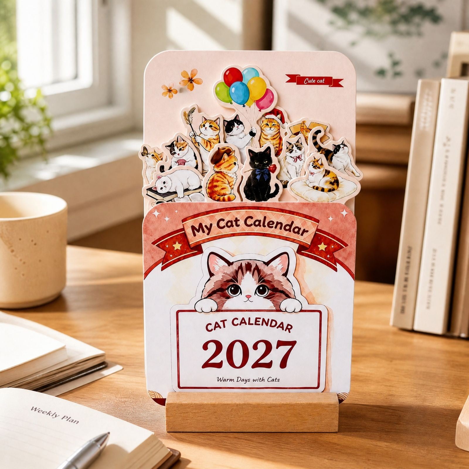 2027 Cat-Shaped Desk Calendar with Wooden Base Monthly Date Planner for Home Office Desk and Wall Display Date Reference for Kitchen Classroom and Workspace for Appointments and Reminders
