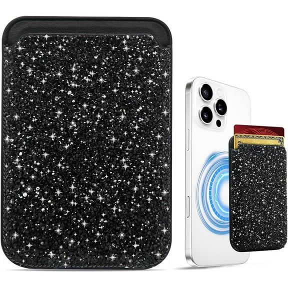 Compatible with MagSafe Wallet, Strong Magnetic Card Holder for iPhone 16/15/14/13/12 Pro/Max/Plus, RFID Blocking, Glitter Diamond Designed for Women Girls, Fits 2 Cards