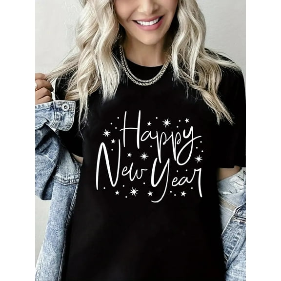 Women Crewneck T-Shirt Happy New Year Graphic Shirt Casual Loose Short Sleeve Black Top