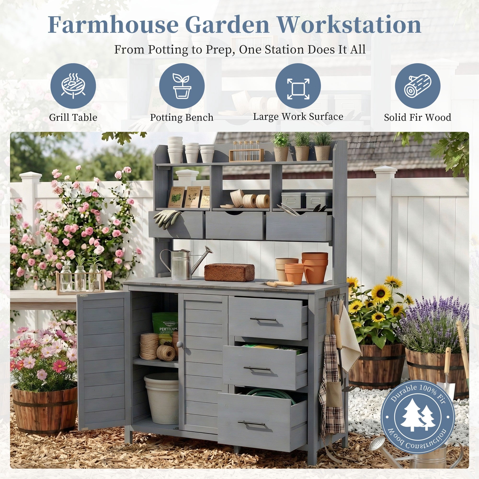Sailvan 65" Solid Wood Patio Kitchen Island & Garden Potting Bench,Outdoor Grill Prep Station with 6 Drawers,Storage Cabinet and Hutch Gray