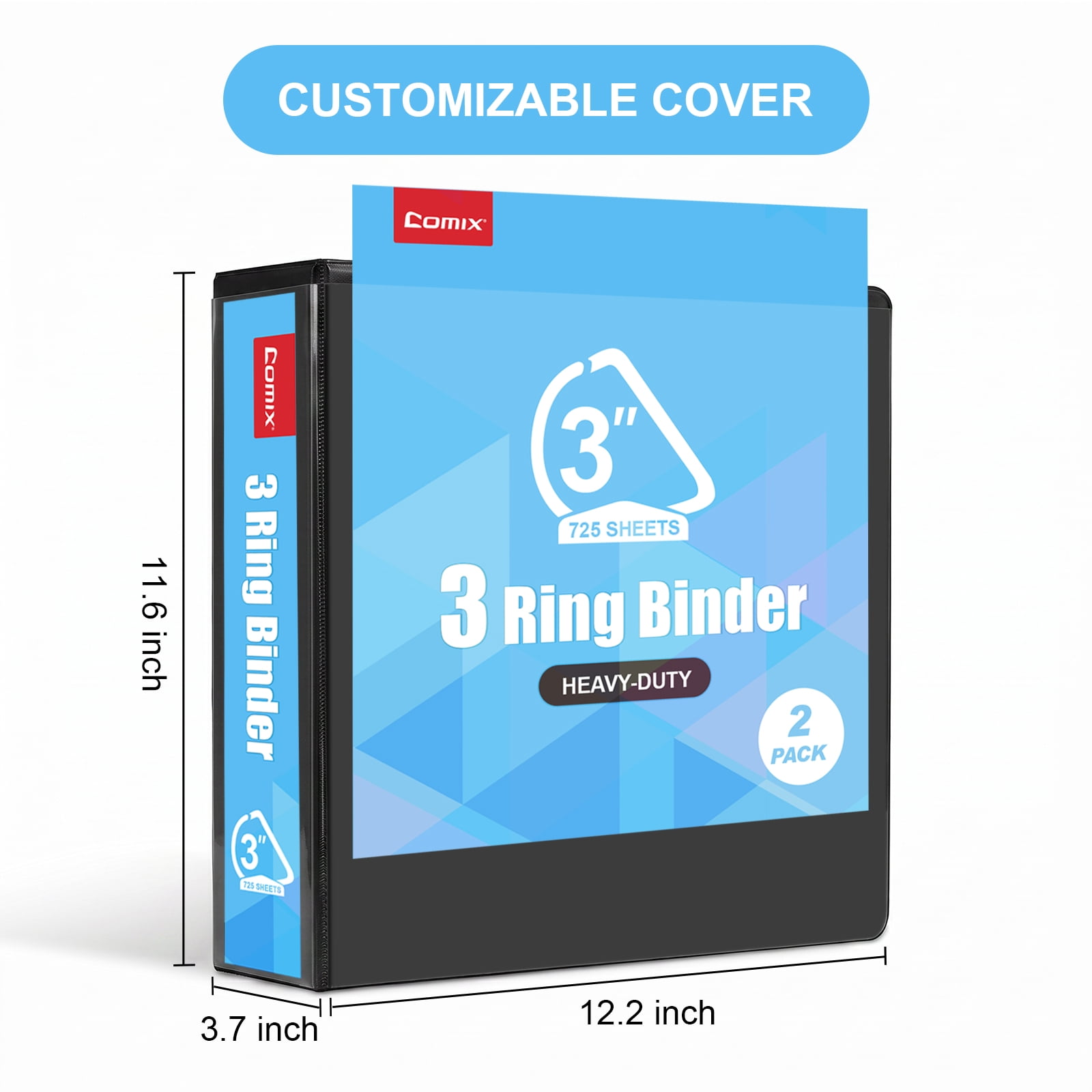 Comix Heavy-duty 3 inch 3 Ring Binder with Clear Cover,  D Ring, 725 Sheets Capacity, Office School Supplies, 6-Pack Black